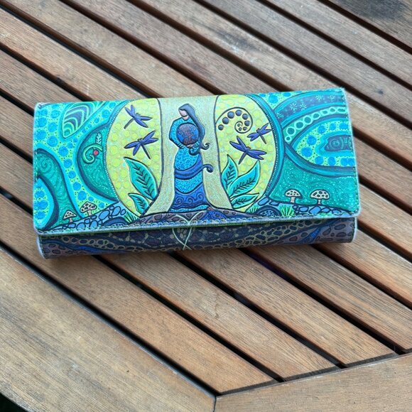 Hand-Painted Leah Dorion Wallet With Multicolor Art Design & Green Interior - Picture 2 of 6